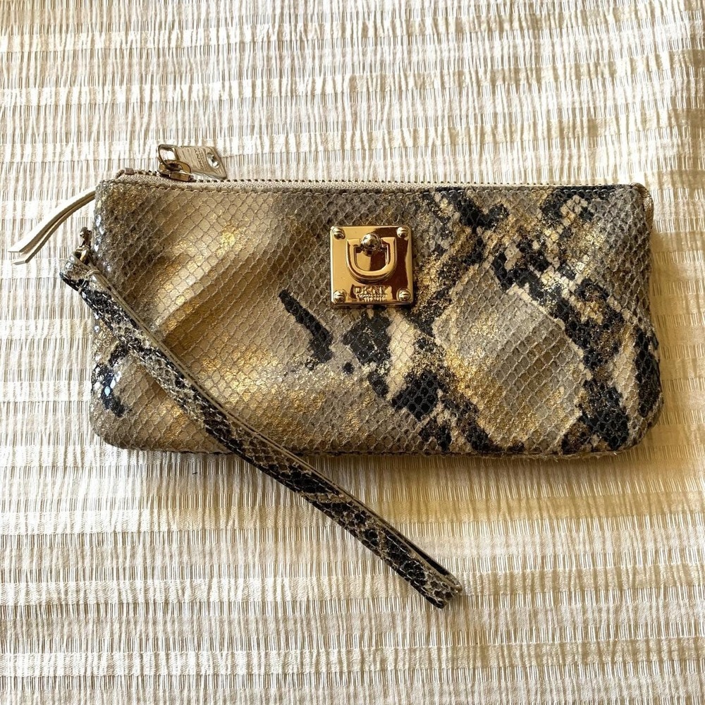 DKNY Metallic Gold Snakeskin Print Wristlet Clutch Bag